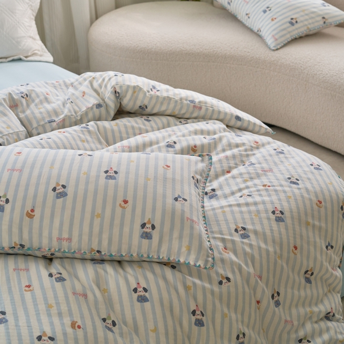 91家纺网 家纺一手货源 找家纺 洋铭区（原狠狠爱） 2025新款全棉彩边双层四件套 可爱娃娃