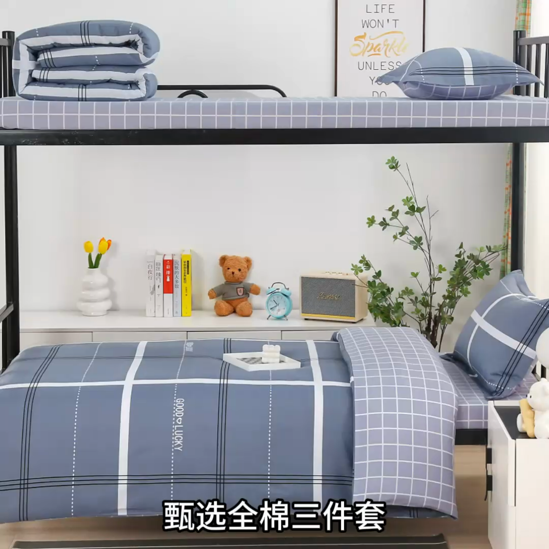91家纺网 家纺一手货源 找家纺 乐旗家纺 2025新款A类AB版全棉环保印花学生上下铺宿舍三件套六件套 校园风格