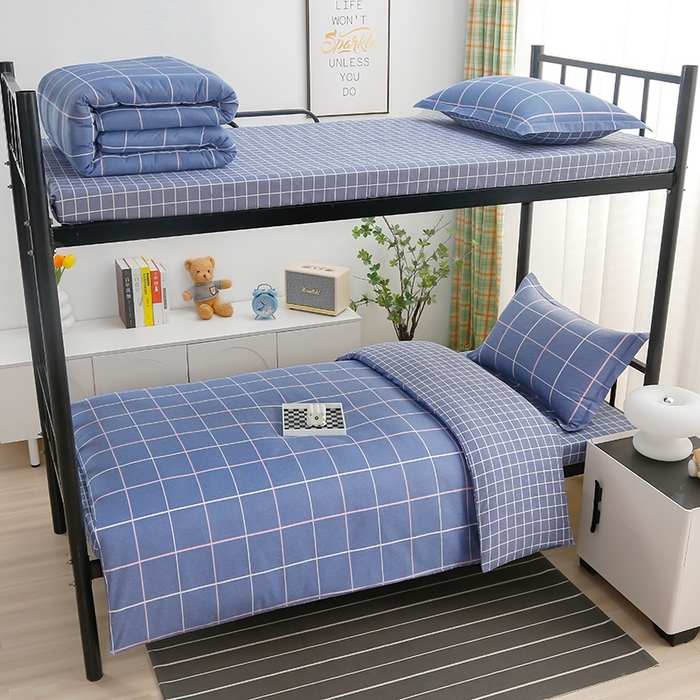 91家纺网 家纺一手货源 找家纺 乐旗家纺 2025新款A类AB版全棉环保印花学生上下铺宿舍三件套六件套 素雅格调-蓝