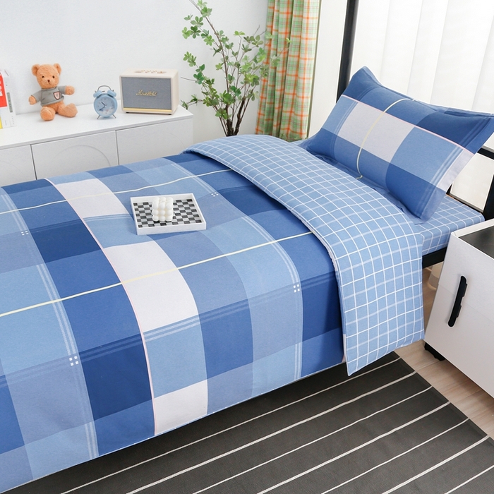 91家纺网 家纺一手货源 找家纺 乐旗家纺 2025新款A类AB版全棉环保印花学生上下铺宿舍三件套六件套 蓝调青春