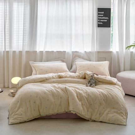 洋铭区（原狠狠爱） 2025新款全棉彩边双层四件套 奶黄蝴蝶结