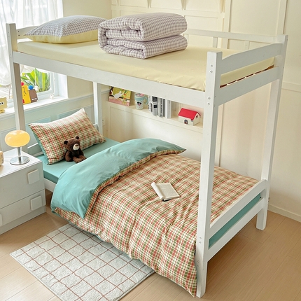 妖妖家纺 2025新款软糯水洗棉格子学生三件套 薄荷提米