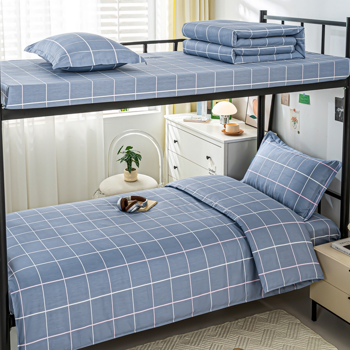 91家纺网 家纺一手货源 找家纺 上学郎家居 2025新款全棉13372学生三件套100棉单人床纯棉六件套学生宿舍床上用品 素雅格调