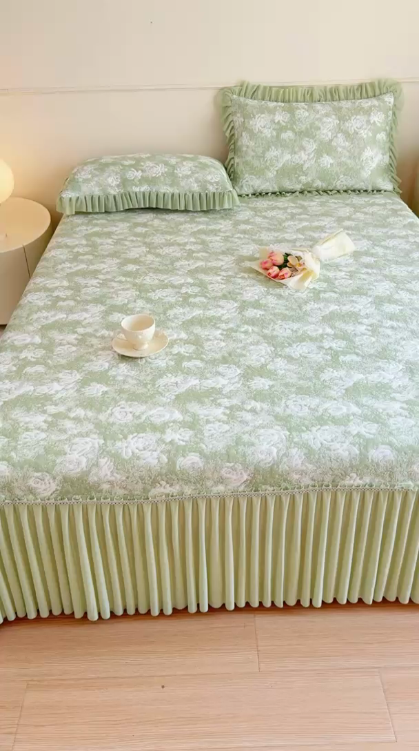 91家纺网 家纺一手货源 找家纺 慧菲 2025新款床盖款凉席三件套-玫瑰 玫瑰-绿