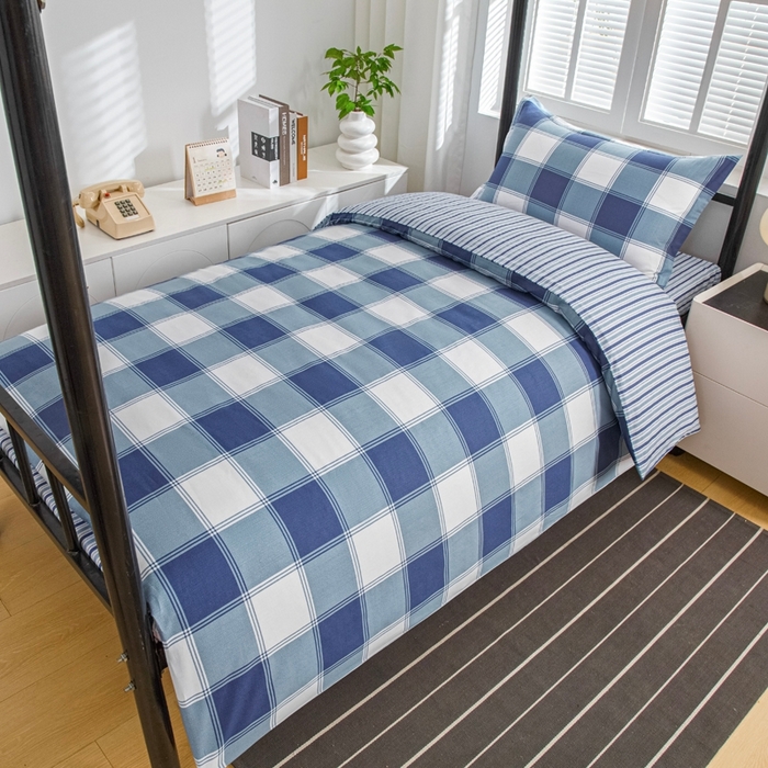 91家纺网 家纺一手货源 找家纺 乐旗家纺 2025新款A类AB版全棉环保印花学生上下铺宿舍三件套六件套 蓝色记忆