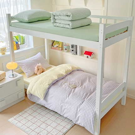 妖妖家纺 2025新款软糯水洗棉格子学生三件套 奶黄芋泥