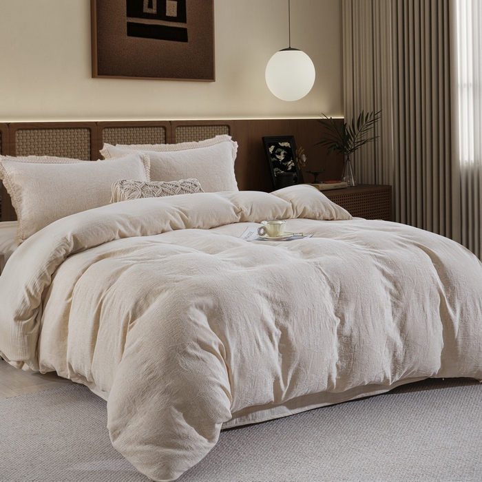 91家纺网 家纺一手货源 找家纺 鲁爱家纺供货 2025新款AB版棉麻工艺款四件套 素锦-原白