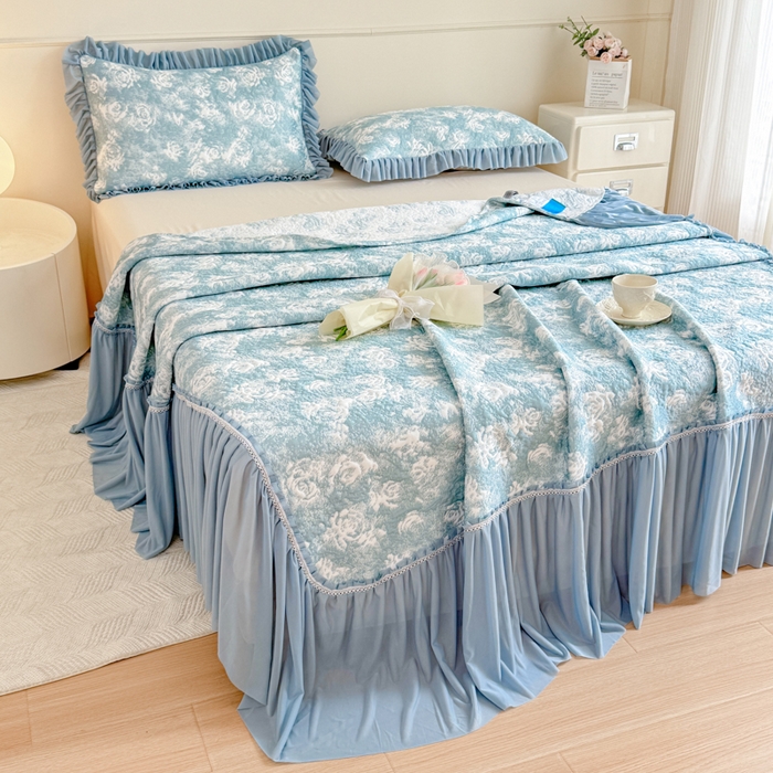 91家纺网 家纺一手货源 找家纺 慧菲 2025新款床盖款凉席三件套-玫瑰 玫瑰-蓝