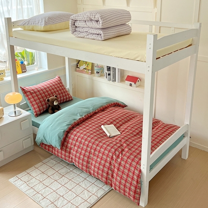 妖妖家纺 2025新款软糯水洗棉格子学生三件套 丝绒红茶