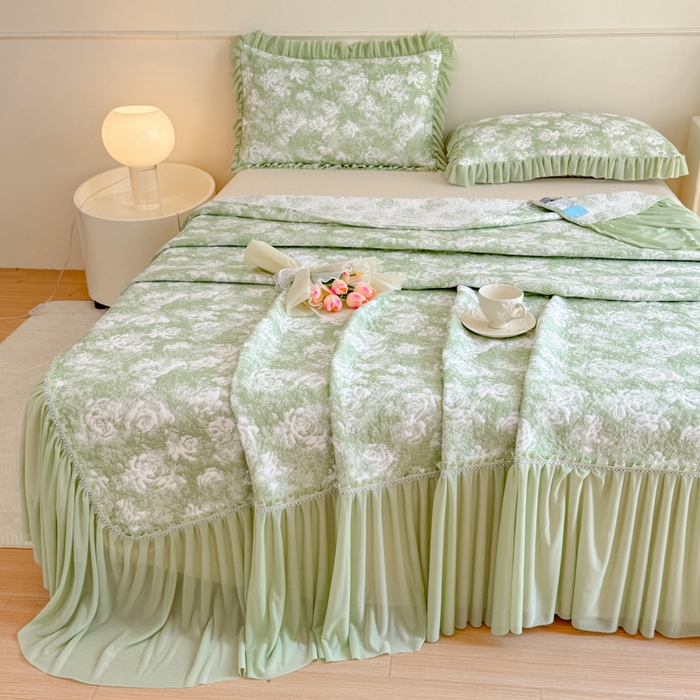 91家纺网 家纺一手货源 找家纺 慧菲 2025新款床盖款凉席三件套-玫瑰 玫瑰-绿