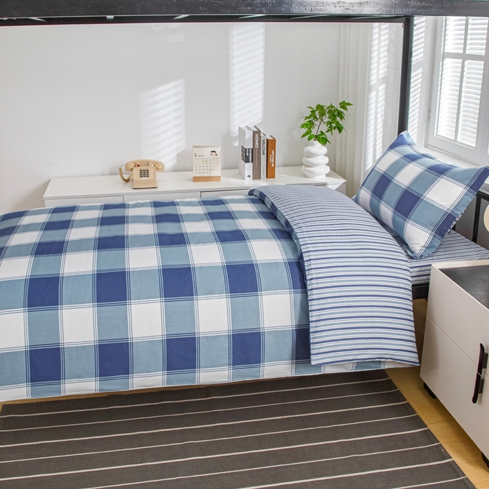 91家纺网 家纺一手货源 找家纺 乐旗家纺 2025新款A类AB版全棉环保印花学生上下铺宿舍三件套六件套 蓝色记忆