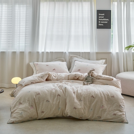 洋铭区（原狠狠爱） 2025新款全棉彩边双层四件套 小懒猫