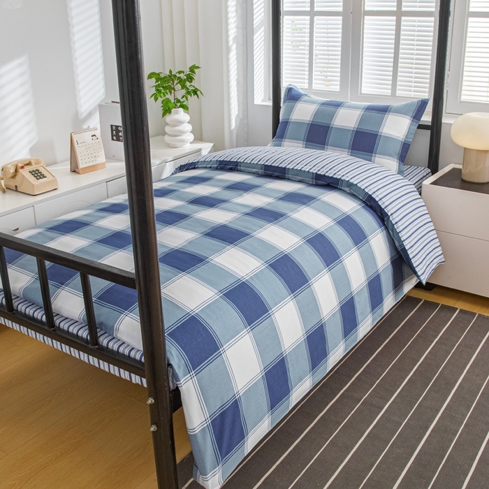 91家纺网 家纺一手货源 找家纺 乐旗家纺 2025新款A类AB版全棉环保印花学生上下铺宿舍三件套六件套 蓝色记忆