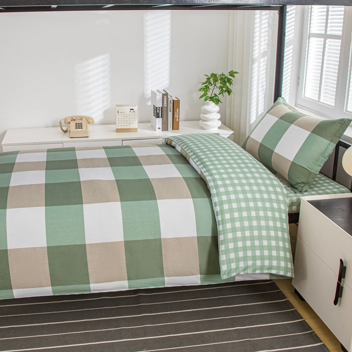 91家纺网 家纺一手货源 找家纺 乐旗家纺 2025新款A类AB版全棉环保印花学生上下铺宿舍三件套六件套 校园笔记-绿