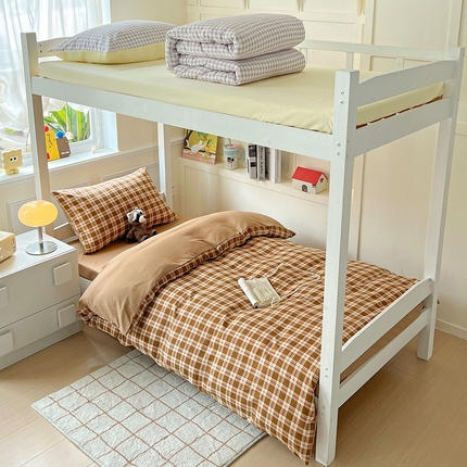 妖妖家纺 2025新款软糯水洗棉格子学生三件套 可可麦芬