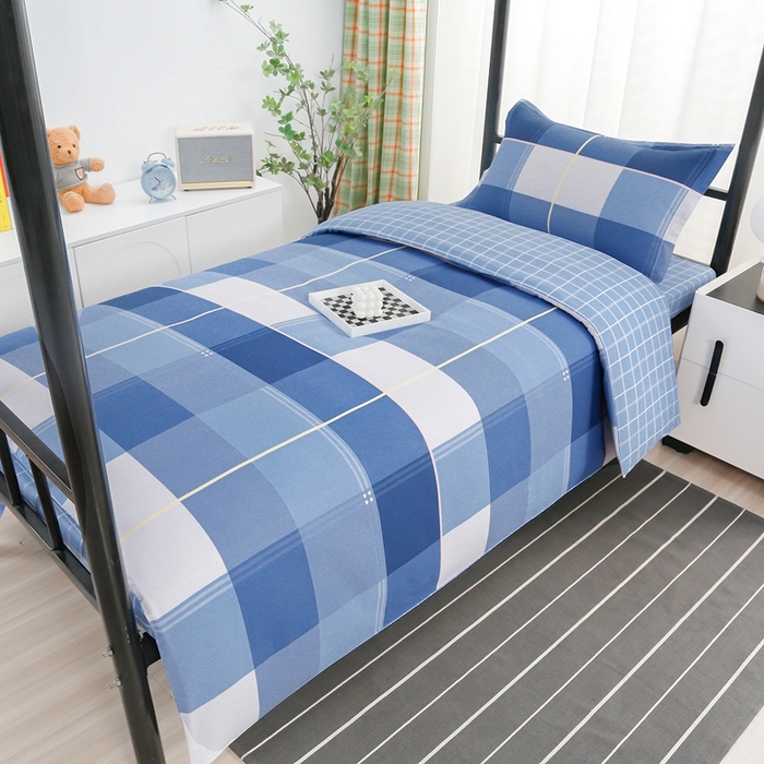 91家纺网 家纺一手货源 找家纺 乐旗家纺 2025新款A类AB版全棉环保印花学生上下铺宿舍三件套六件套 蓝调青春