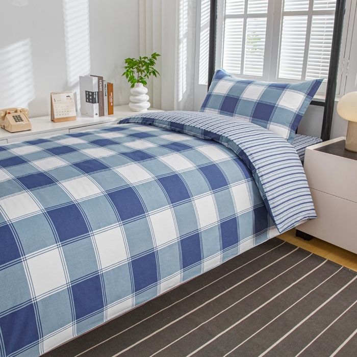 91家纺网 家纺一手货源 找家纺 乐旗家纺 2025新款A类AB版全棉环保印花学生上下铺宿舍三件套六件套 蓝色记忆