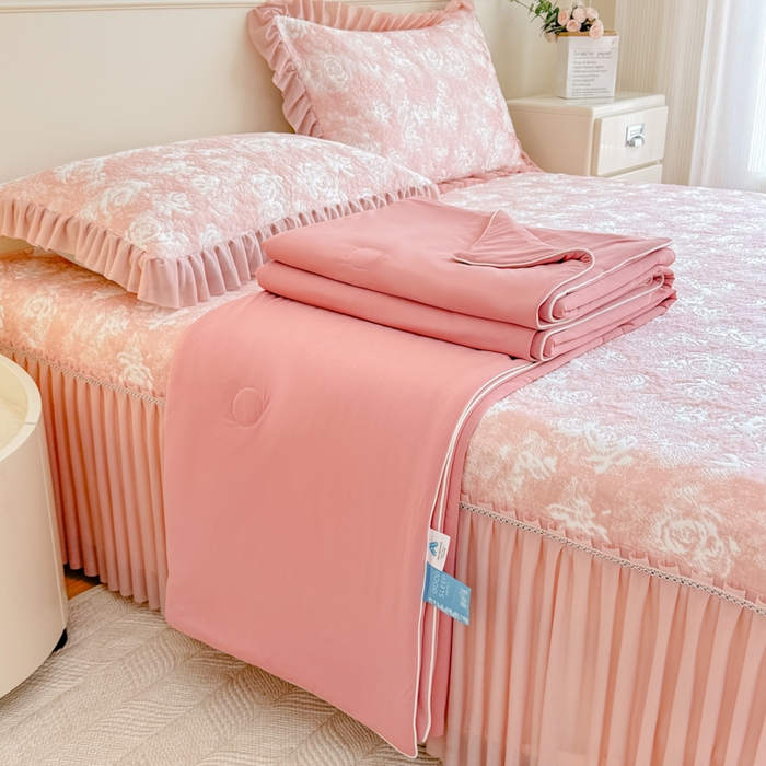 91家纺网 家纺一手货源 找家纺 慧菲 2025新款床盖款凉席三件套-玫瑰 玫瑰-粉