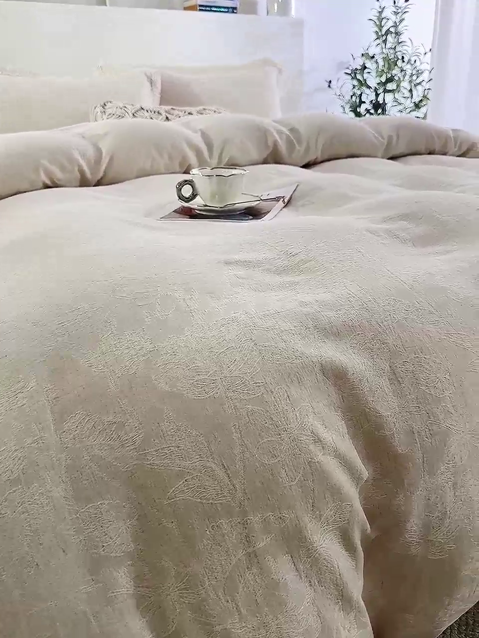 91家纺网 家纺一手货源 找家纺 鲁爱家纺供货 2025新款AB版棉麻工艺款四件套 素锦-原白
