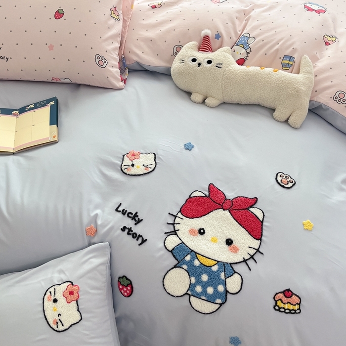 91家纺网 家纺一手货源 找家纺 如一 2025新款A类卡通印加毛巾绣水洗云朵棉四件套（提供买家秀） 淘气猫