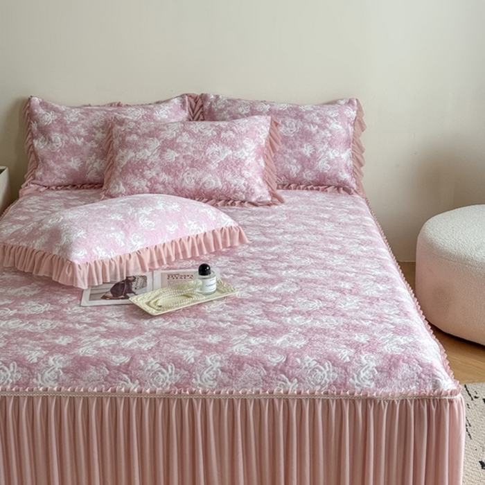 91家纺网 家纺一手货源 找家纺 （总）九花鹿 2025新款PE双面提花床裙冰丝席-莫奈玫瑰