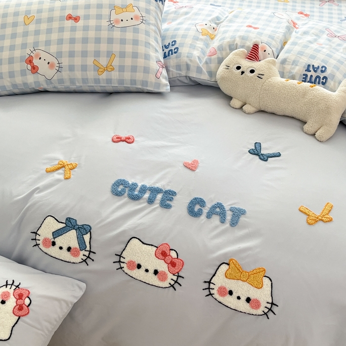 91家纺网 家纺一手货源 找家纺 如一 2025新款A类卡通印加毛巾绣水洗云朵棉四件套（提供买家秀） 蓝格猫