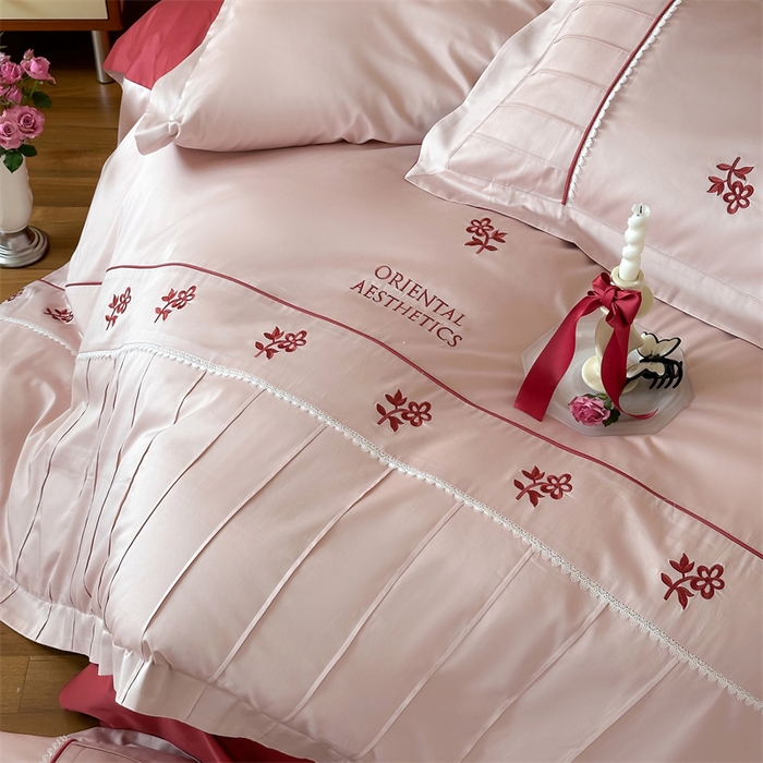 91家纺网 家纺一手货源 找家纺 （总）宏羽纺家纺 2025新款100s全棉纯棉贡缎法式刺绣花边四件套