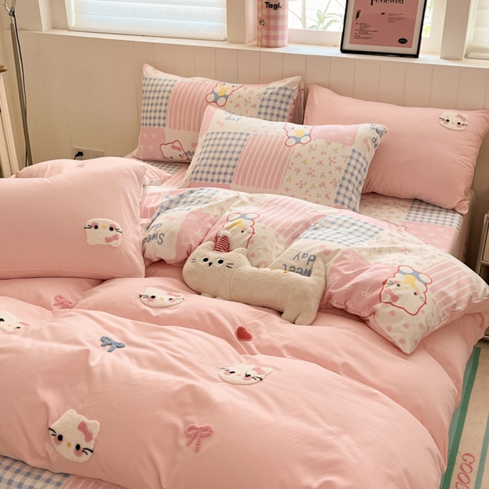 91家纺网 家纺一手货源 找家纺 如一 2025新款A类卡通印加毛巾绣水洗云朵棉四件套（提供买家秀） 好多猫