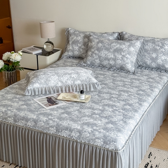 91家纺网 家纺一手货源 找家纺 九花鹿 2025新款PE双面提花床裙冰丝席-莫奈玫瑰 莫奈玫瑰-浅灰