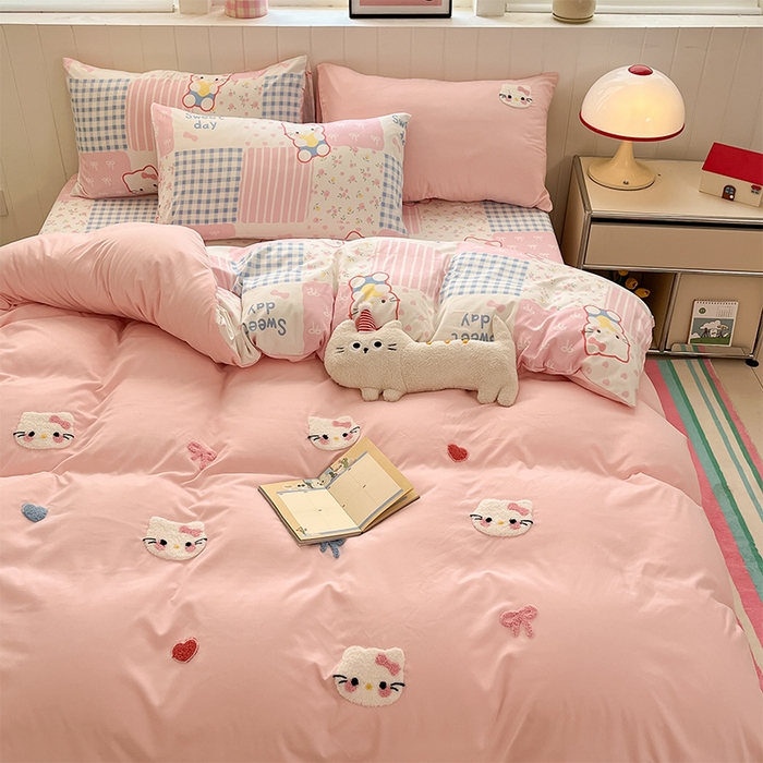 91家纺网 家纺一手货源 找家纺 如一 2025新款A类卡通印加毛巾绣水洗云朵棉四件套（提供买家秀） 好多猫