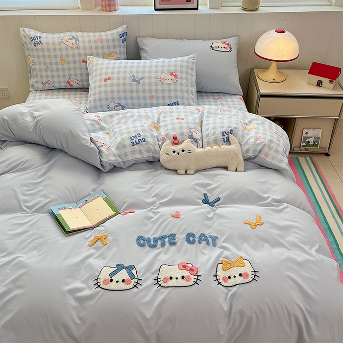 91家纺网 家纺一手货源 找家纺 如一 2025新款A类卡通印加毛巾绣水洗云朵棉四件套（提供买家秀） 蓝格猫