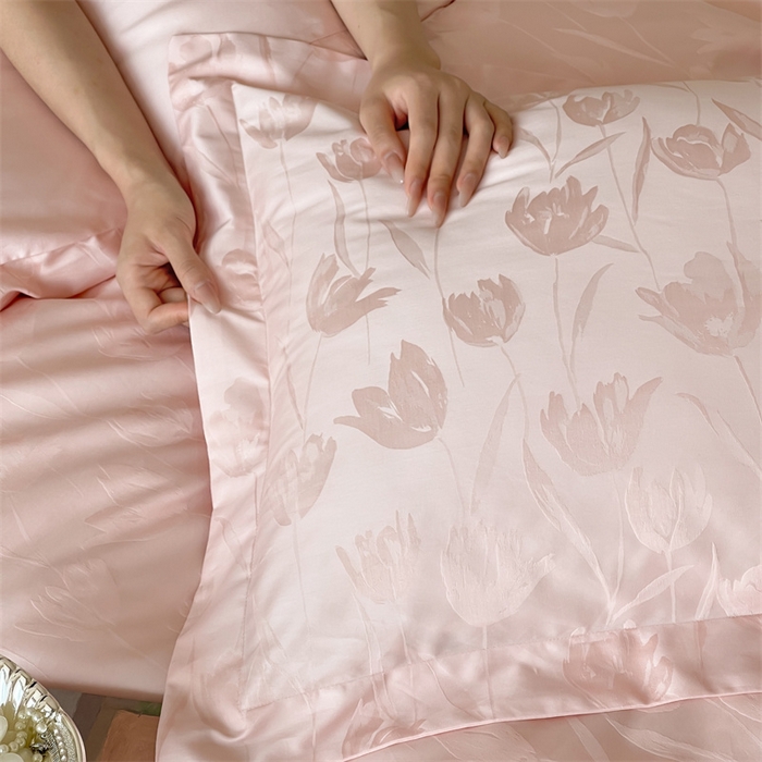 91家纺网 家纺一手货源 找家纺 凡客家居 2025新款100支（5050双股）长绒棉全棉提花四件套 郁金香-仙桃粉