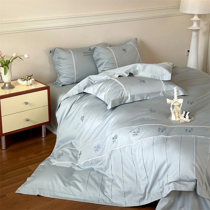 91家纺网 家纺一手货源 找家纺 宏羽纺家纺 2025新款100s全棉纯棉贡缎司马棉法式刺绣花边四件套 觅春-午后清晨