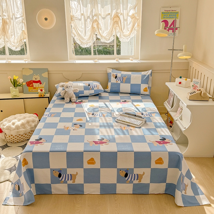 91家纺网 家纺一手货源 找家纺 爱彼家纺 2025新款原棉老粗布床单床单单件凉席席子 腊肠狗-蓝