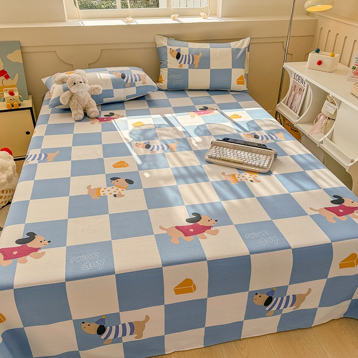 91家纺网 家纺一手货源 找家纺 爱彼家纺 2025新款原棉老粗布床单床单单件凉席席子 腊肠狗-蓝