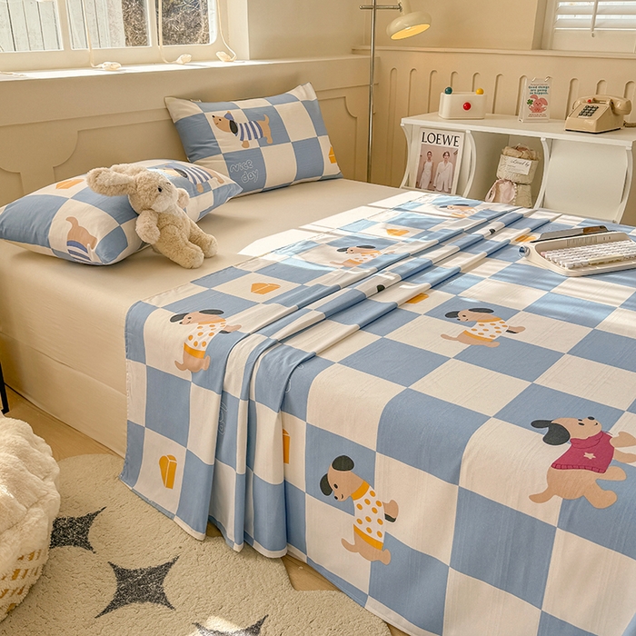 91家纺网 家纺一手货源 找家纺 爱彼家纺 2025新款原棉老粗布床单床单单件凉席席子 腊肠狗-蓝