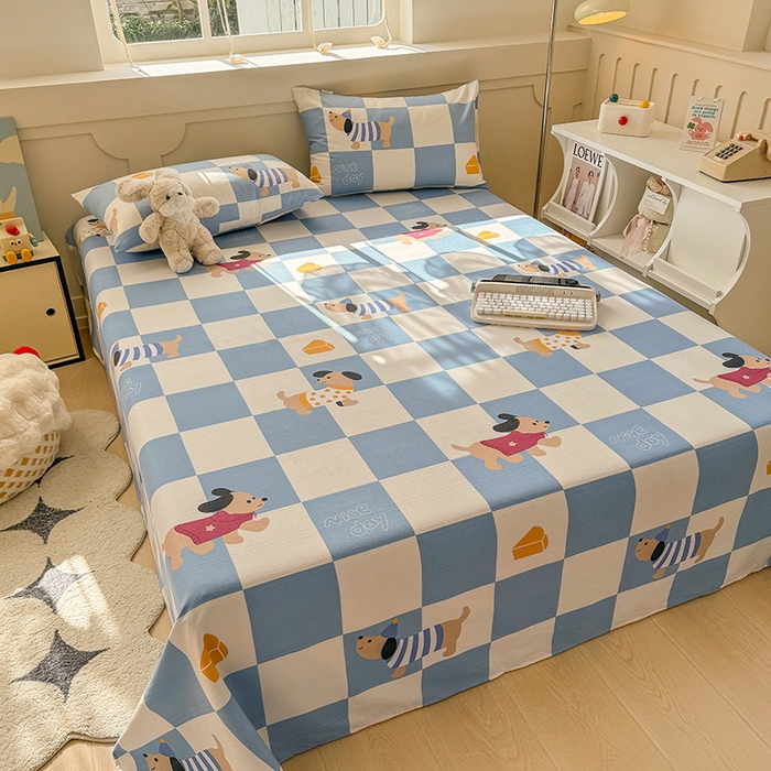 91家纺网 家纺一手货源 找家纺 爱彼家纺 2025新款原棉老粗布床单床单单件凉席席子 腊肠狗-蓝