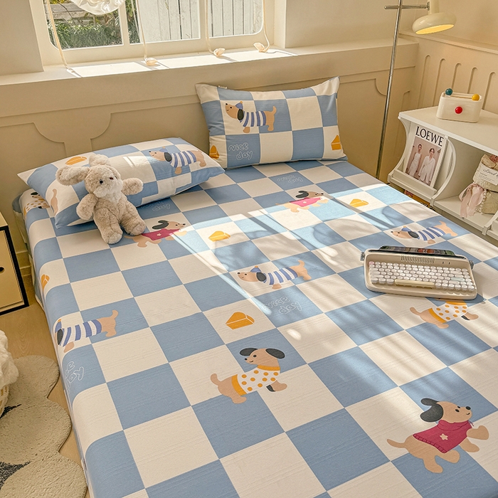 91家纺网 家纺一手货源 找家纺 爱彼家纺 2025新款原棉老粗布床单床单单件凉席席子 腊肠狗-蓝