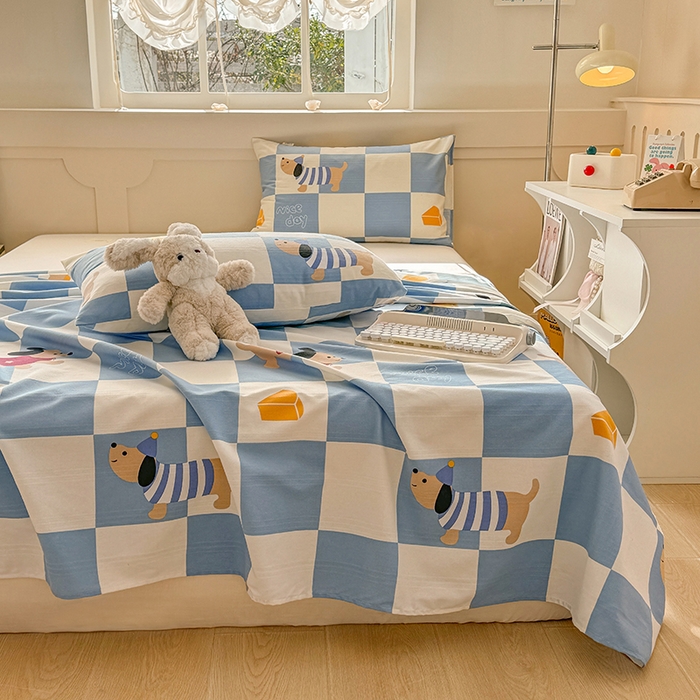 91家纺网 家纺一手货源 找家纺 爱彼家纺 2025新款原棉老粗布床单床单单件凉席席子 腊肠狗-蓝