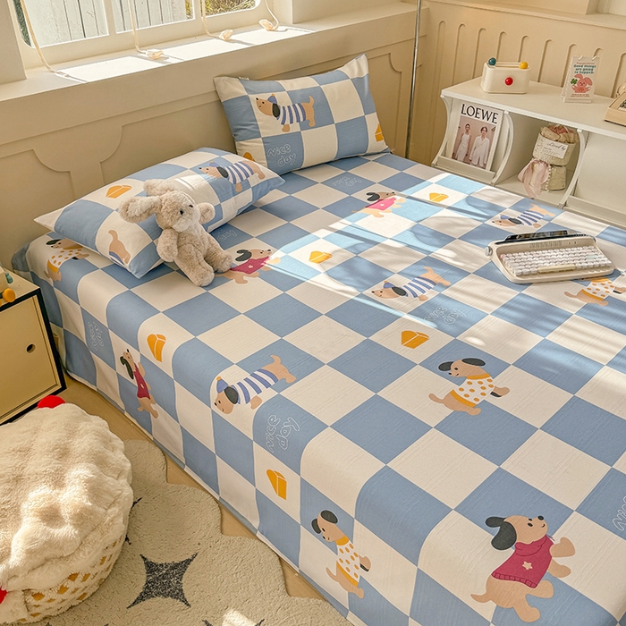 91家纺网 家纺一手货源 找家纺 爱彼家纺 2025新款原棉老粗布床单床单单件凉席席子 腊肠狗-蓝