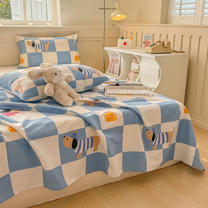 91家纺网 家纺一手货源 找家纺 爱彼家纺 2025新款原棉老粗布床单床单单件凉席席子 腊肠狗-蓝