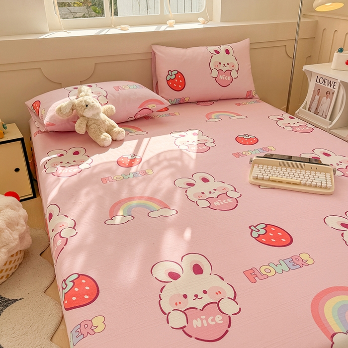 91家纺网 家纺一手货源 找家纺 爱彼家纺 2025新款原棉老粗布床单床单单件凉席席子 彩虹云兔