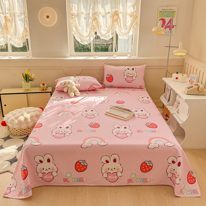 91家纺网 家纺一手货源 找家纺 爱彼家纺 2025新款原棉老粗布床单床单单件凉席席子 彩虹云兔