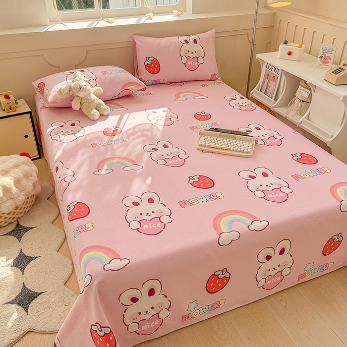 91家纺网 家纺一手货源 找家纺 爱彼家纺 2025新款原棉老粗布床单床单单件凉席席子 彩虹云兔