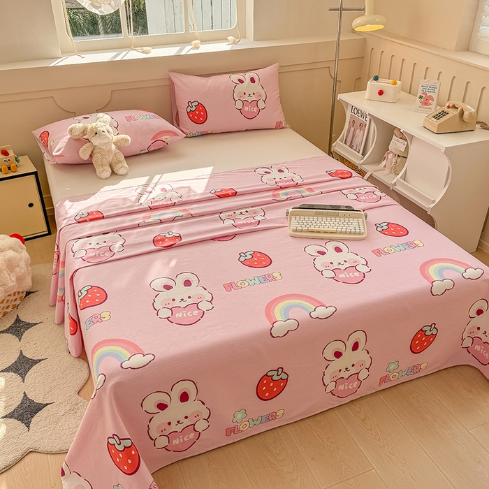 91家纺网 家纺一手货源 找家纺 爱彼家纺 2025新款原棉老粗布床单床单单件凉席席子 彩虹云兔