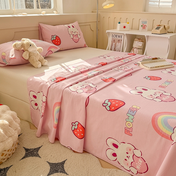 91家纺网 家纺一手货源 找家纺 爱彼家纺 2025新款原棉老粗布床单床单单件凉席席子 彩虹云兔