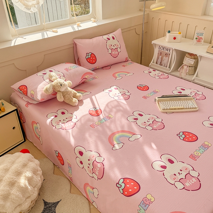 91家纺网 家纺一手货源 找家纺 爱彼家纺 2025新款原棉老粗布床单床单单件凉席席子 彩虹云兔