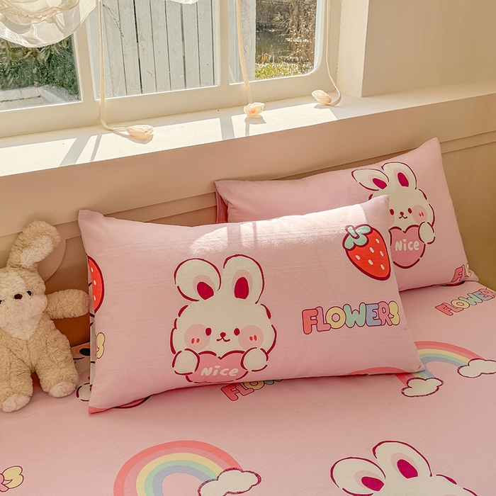 91家纺网 家纺一手货源 找家纺 爱彼家纺 2025新款原棉老粗布床单床单单件凉席席子 彩虹云兔