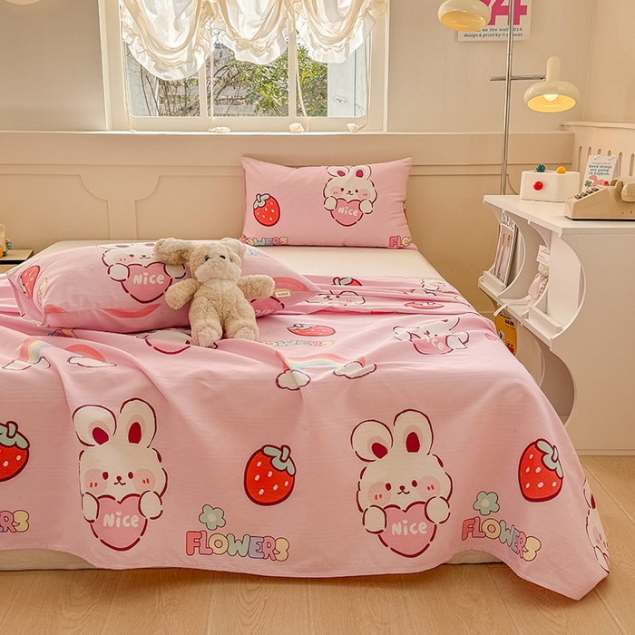 91家纺网 家纺一手货源 找家纺 爱彼家纺 2025新款原棉老粗布床单床单单件凉席席子 彩虹云兔