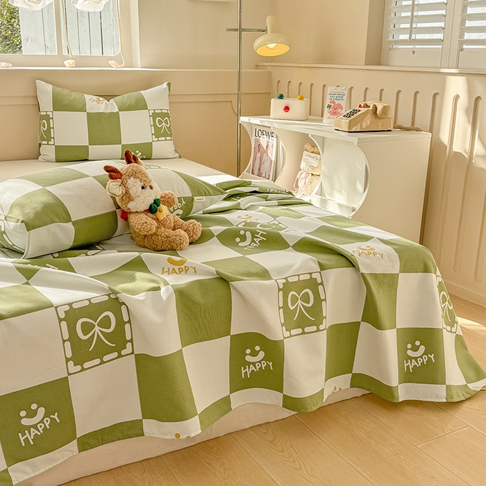 91家纺网 家纺一手货源 找家纺 爱彼家纺 2025新款原棉老粗布床单床单单件凉席席子 格子简爱-绿